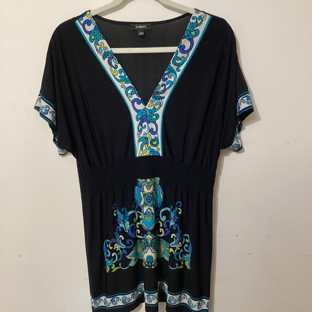 Elementz Bohemian V-Neck Smocked Tunic Top Woman's Large Empire Waist